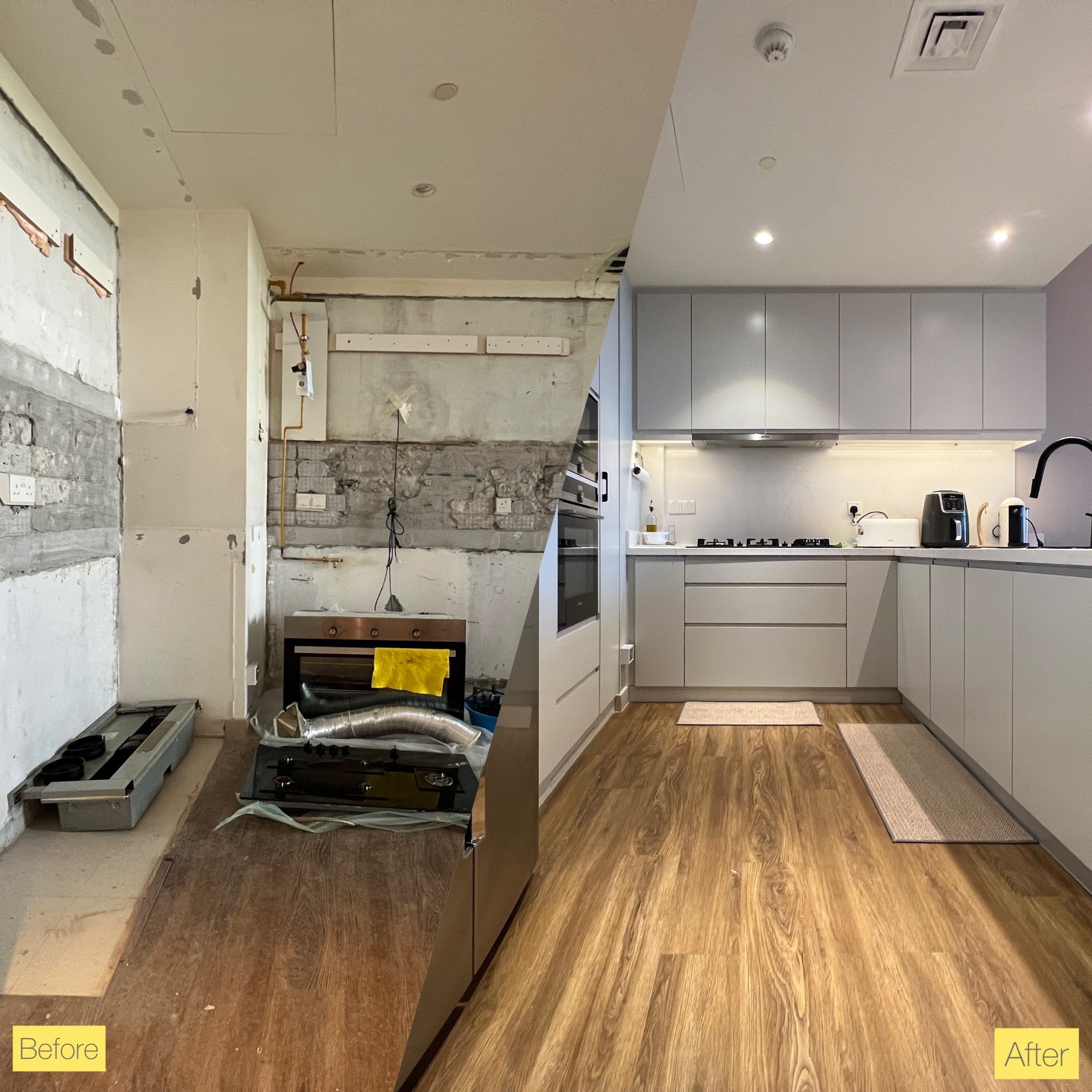 Before and after of kitchen renovation project